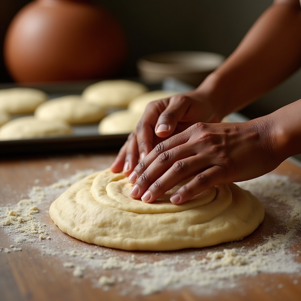 Paraguayan food entrepreneur shaping chipá dough in a home kitchen