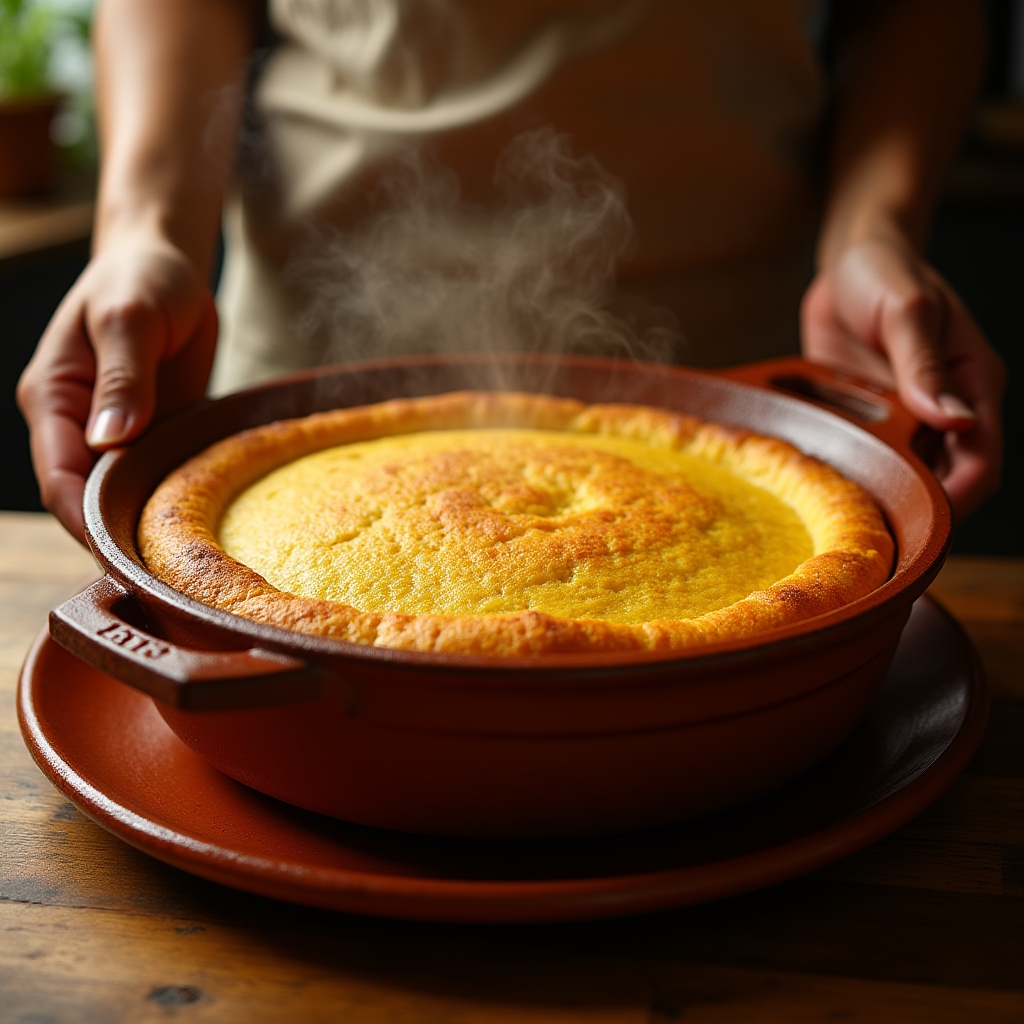 Sopa paraguaya being prepared in a traditional clay dish in a home kitchen
